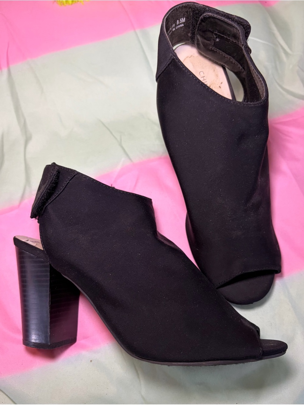 Black Peep-Toe Block Heel Booties - Women's
